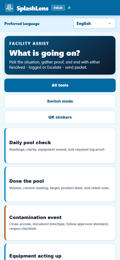 SplashLens Facility Assist workflow for daily checks, dosing, contamination events, and equipment issues
